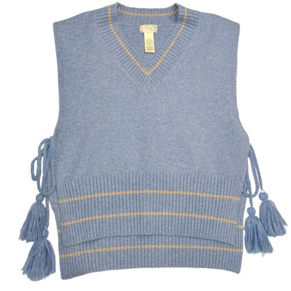 Free People All Star Striped Poncho Vest OS Blue Tassel Tie Boho Knit - Picture 4 of 13